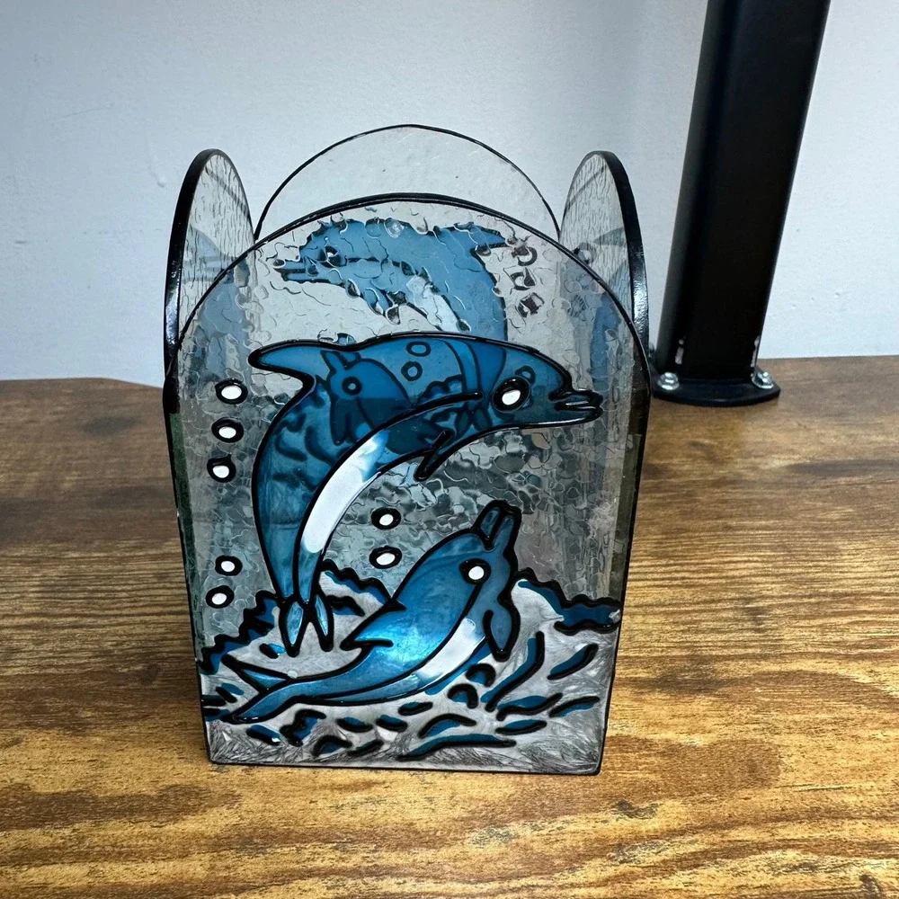 Vintage Stained Glass Dolphin Candle Holder Blue Ocean Nautical Votive Decor